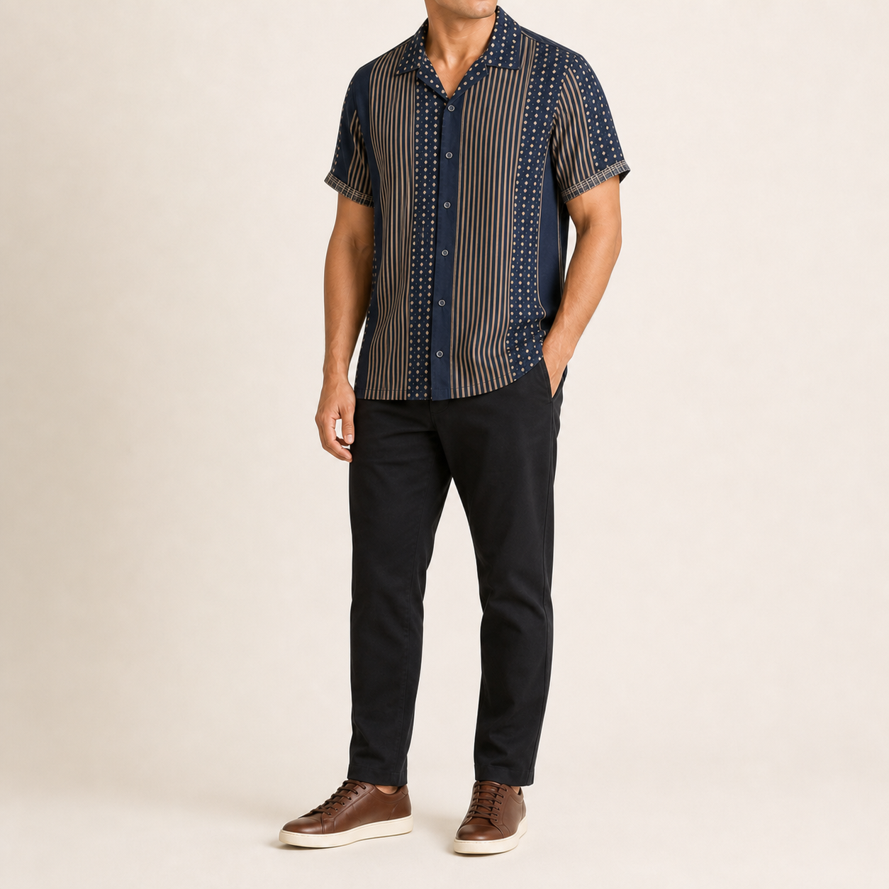 Navy stripe short-sleeve shirt
