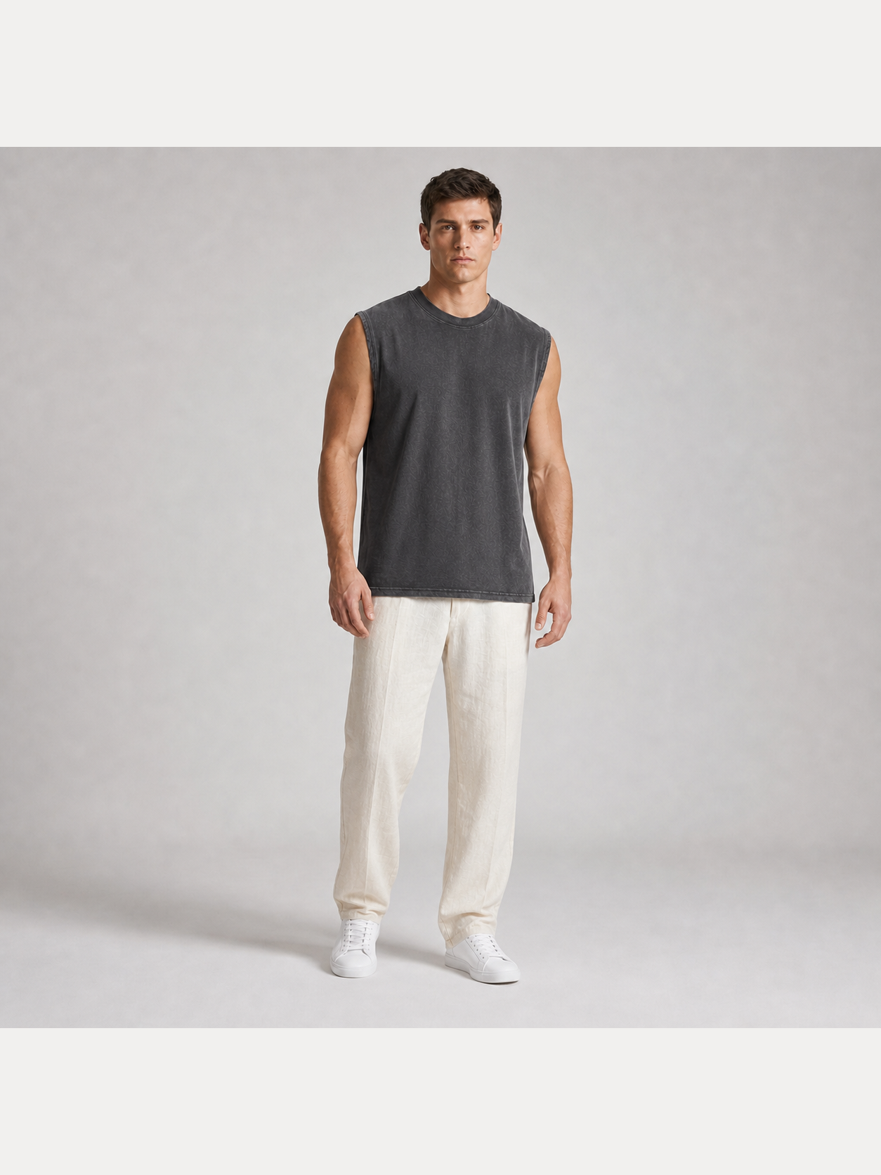 Men's washed sleeveless T-shirt in charcoal gray