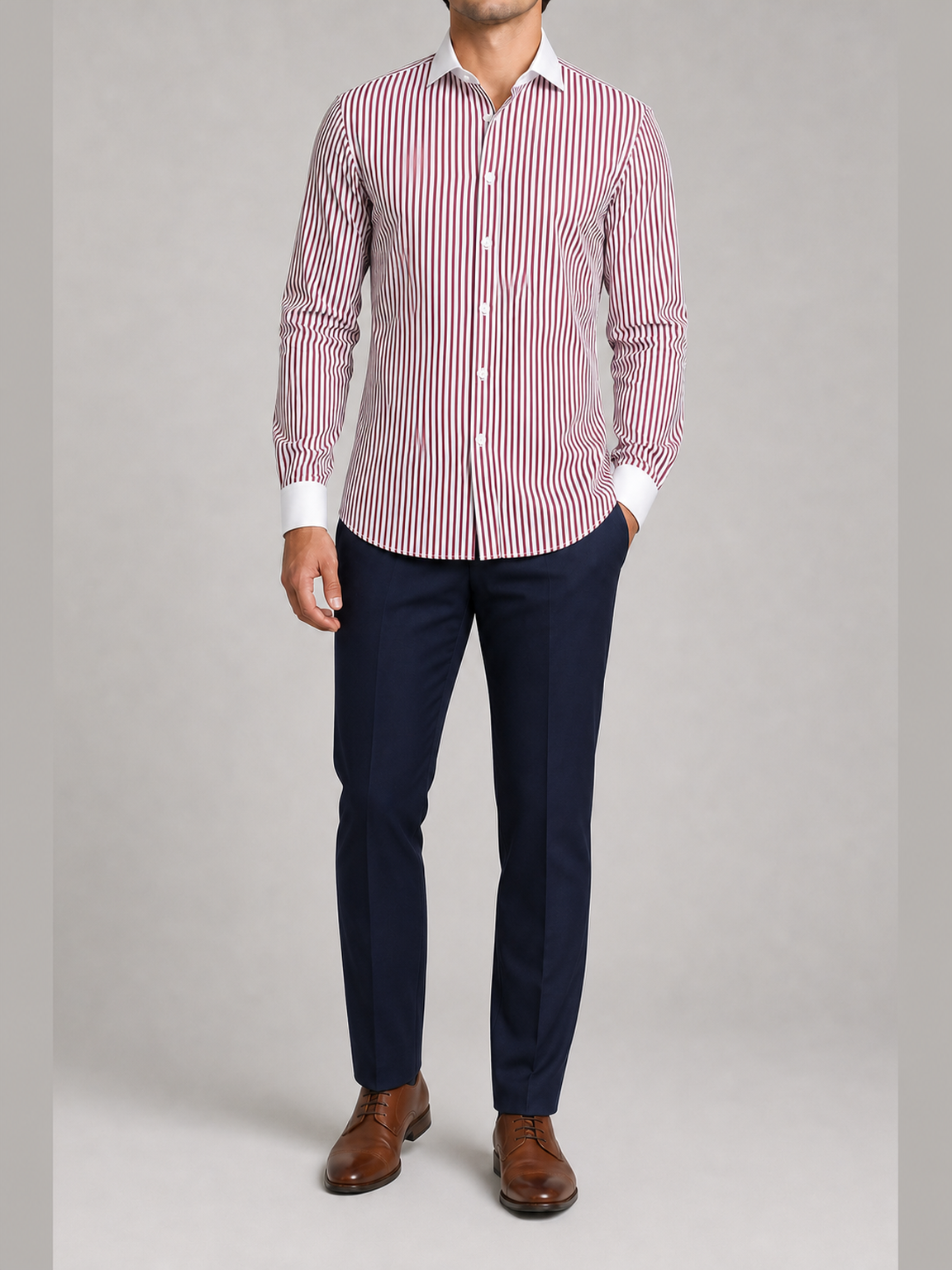 Men's burgundy vertical stripe contrast collar shirt
