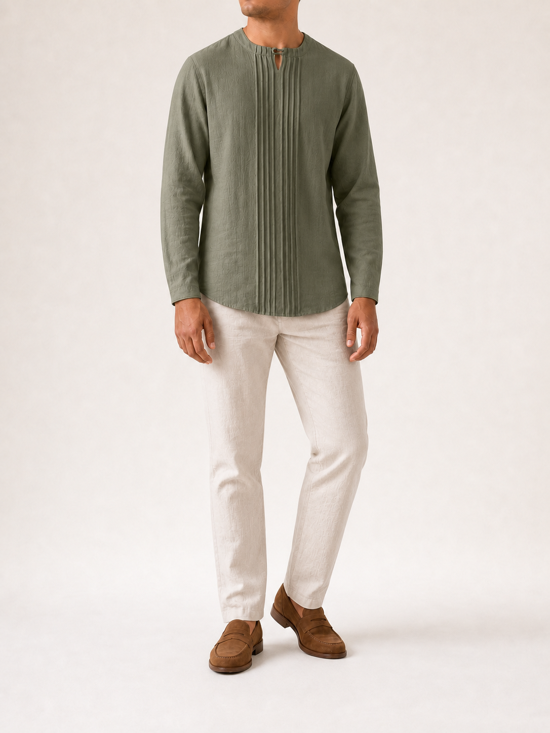 Men's olive green pintuck keyhole shirt