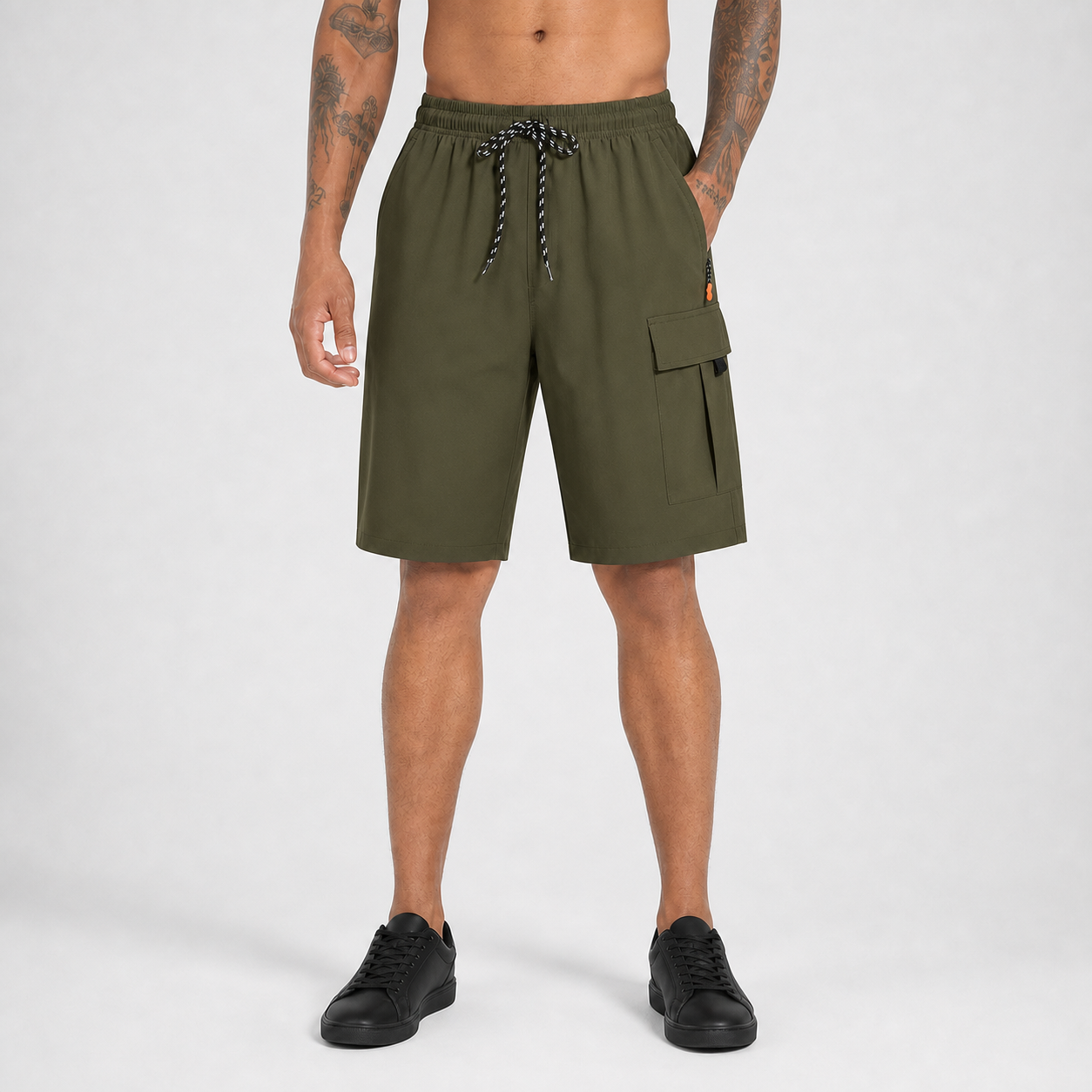 Olive drab men's drawstring utility cargo shorts