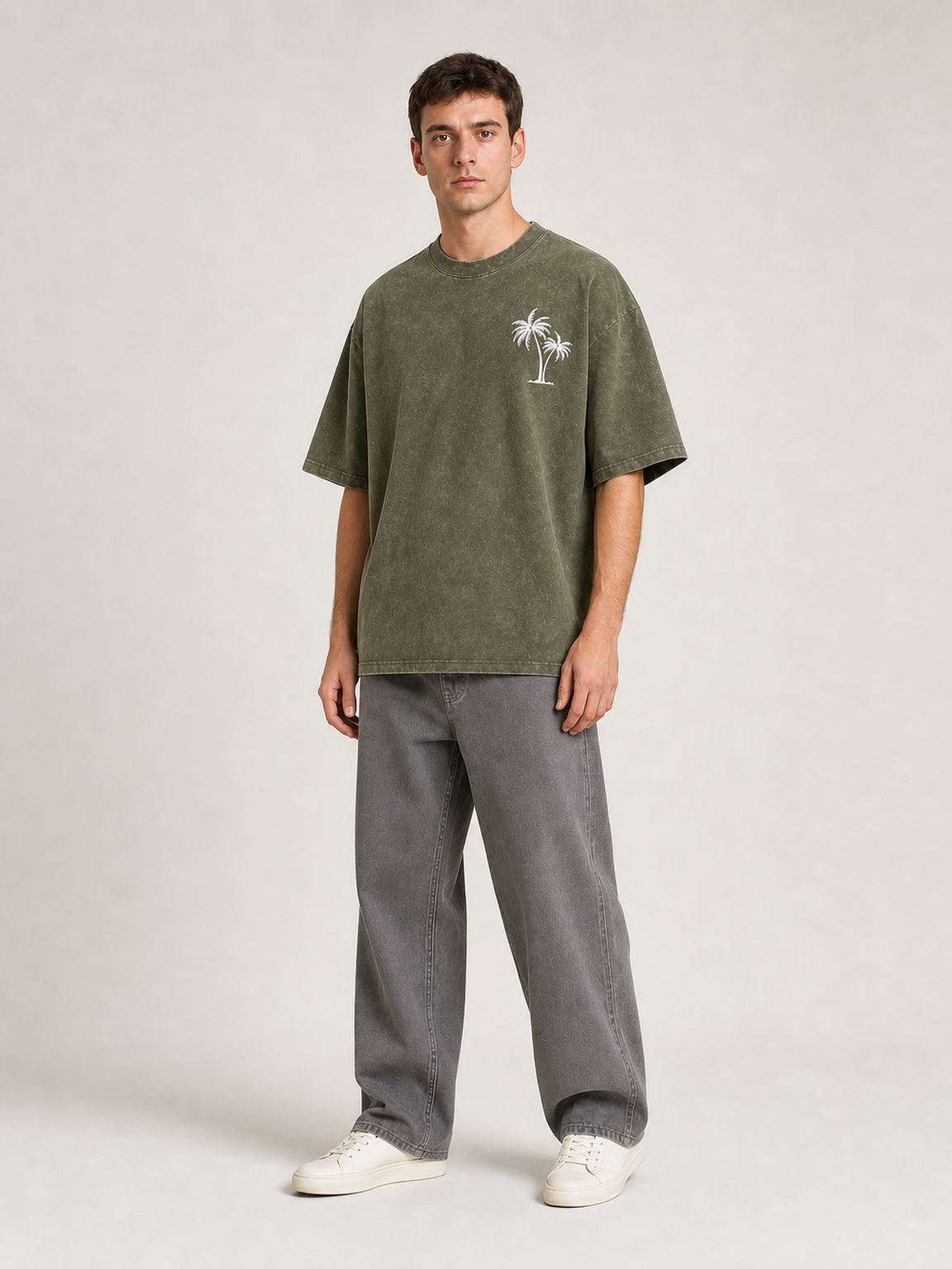 Men's washed olive palm graphic oversized T-shirt
