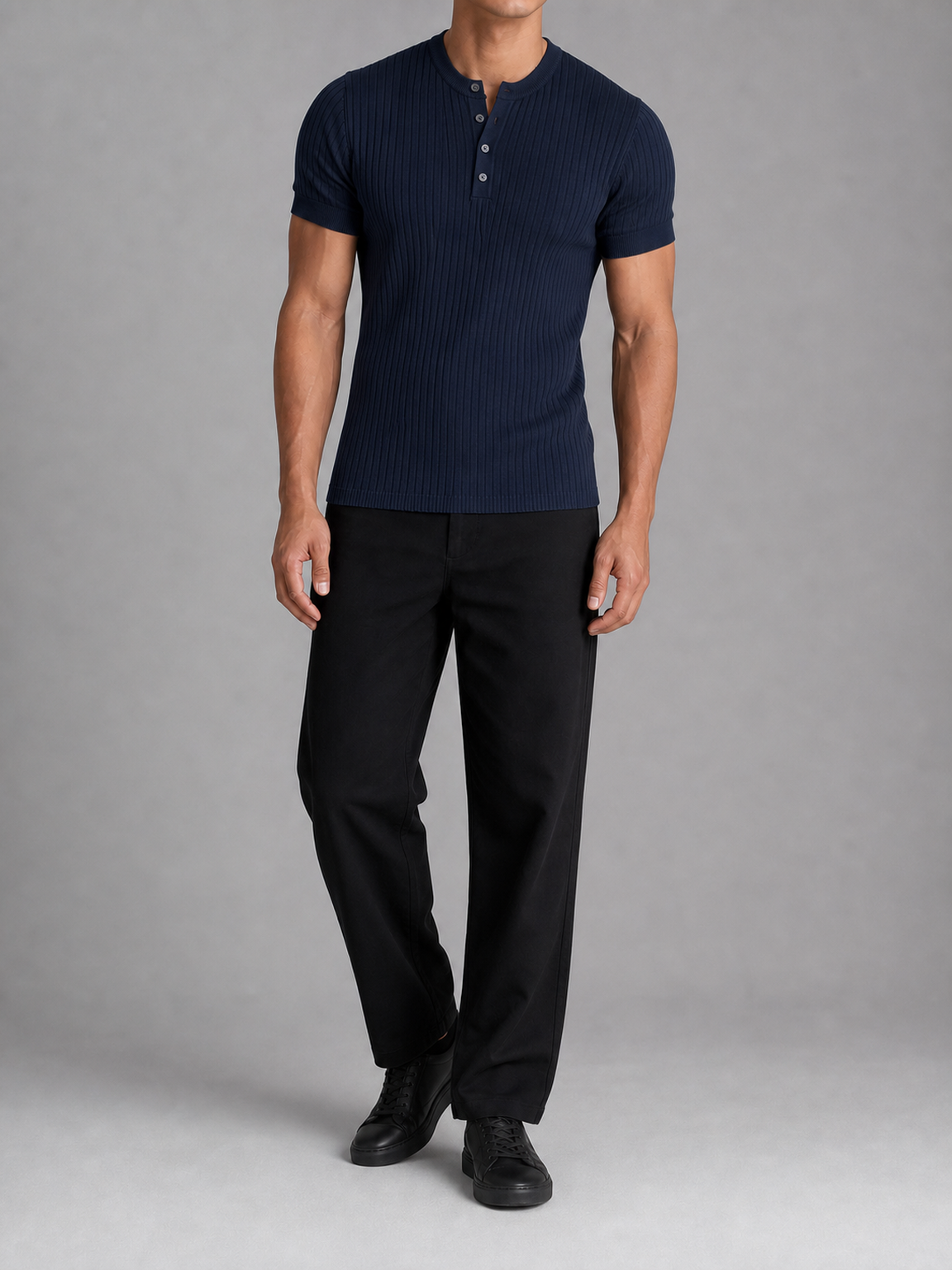 Men's deep navy fitted rib-knit four-button Henley shirt