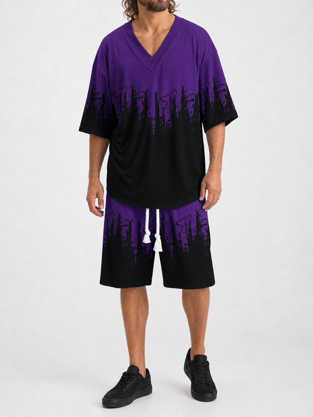 Men's purple black city print two-piece set