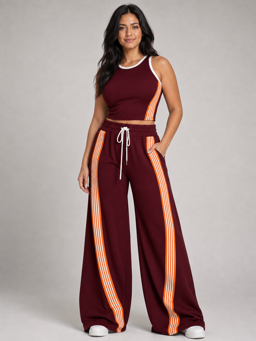 Women's burgundy contrast stripe wide-leg two-piece set
