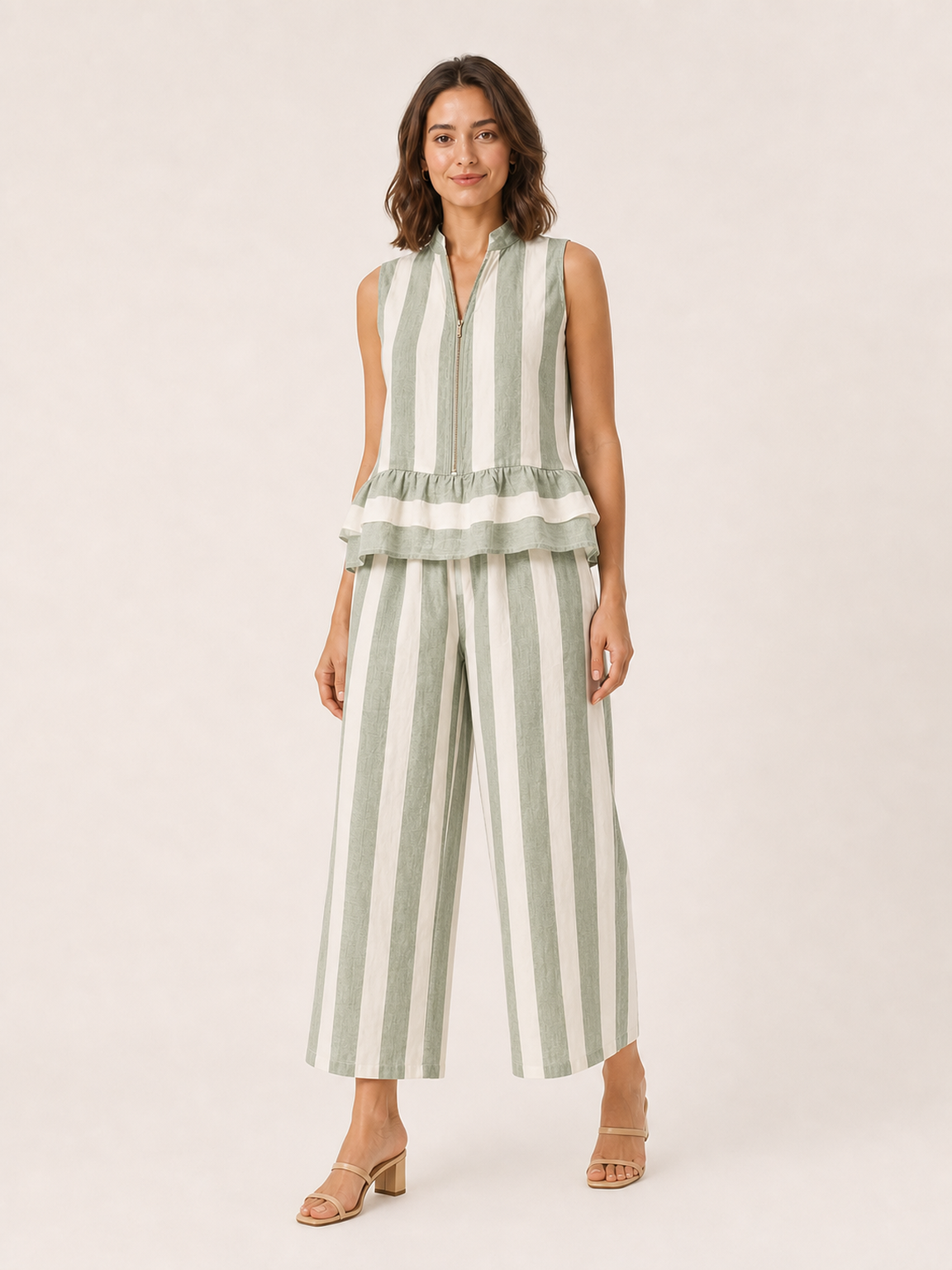 Women's sage green striped zip peplum wide-leg set