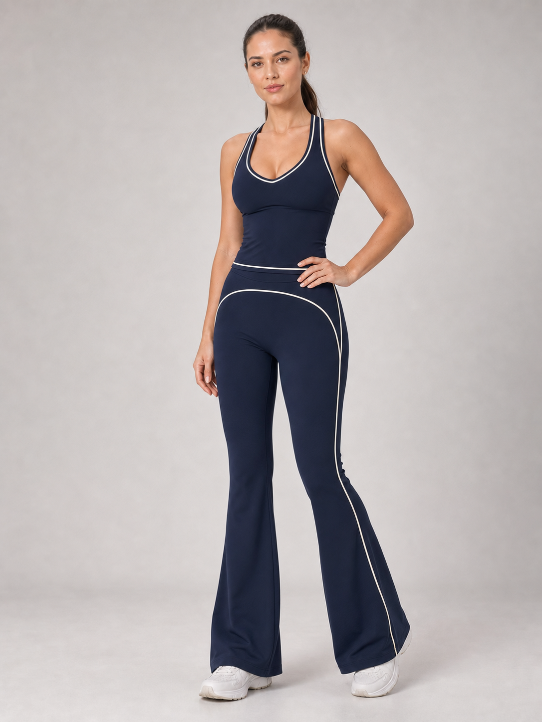 Women's deep navy contrast-trim flare active set
