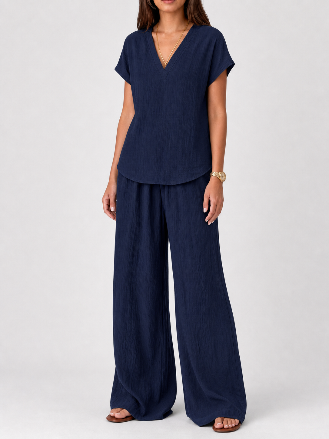 Women's deep navy crinkle tunic and wide-leg pants set