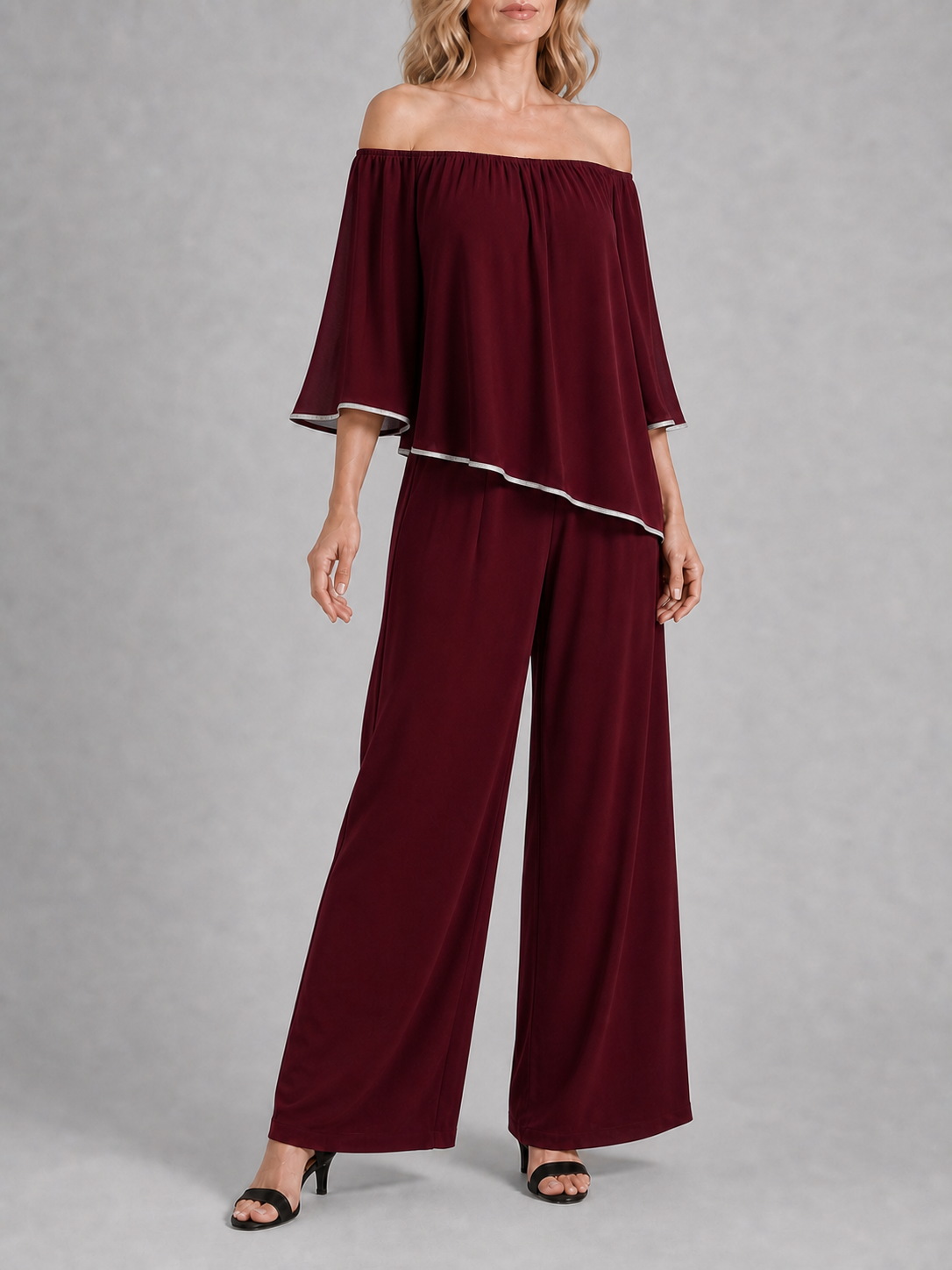 Women's burgundy off-shoulder wide-leg two-piece set