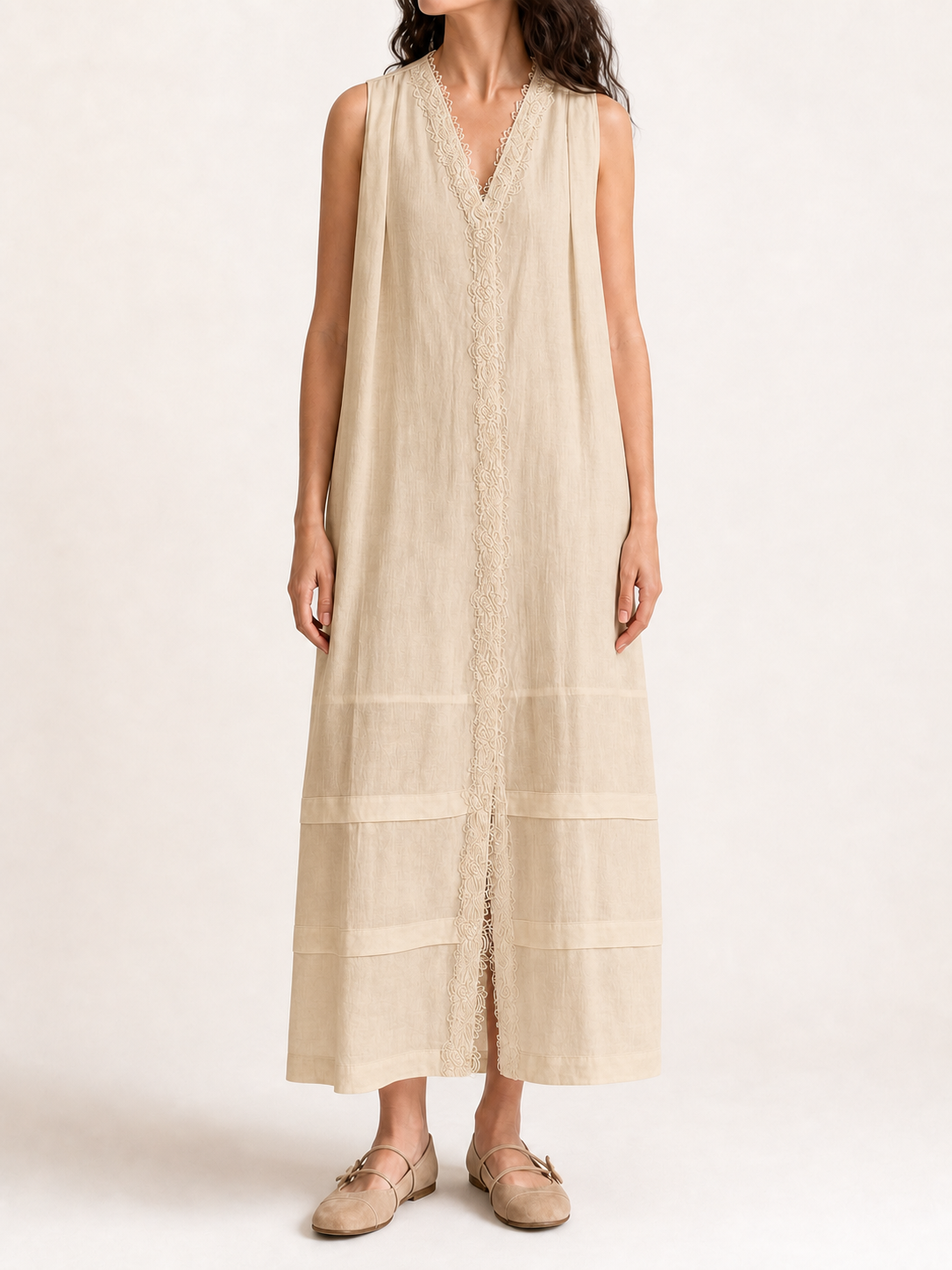 Women's lace-trim maxi dress in sand beige