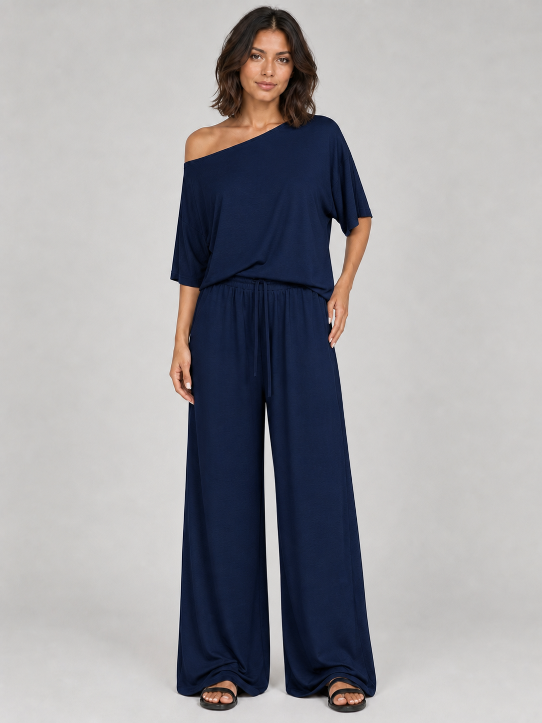 Women's deep navy one-shoulder wide-leg set