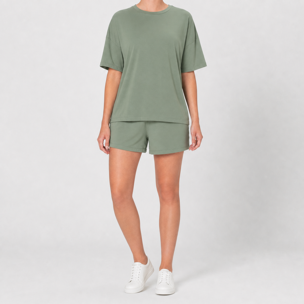 Sage green women's relaxed top and shorts set