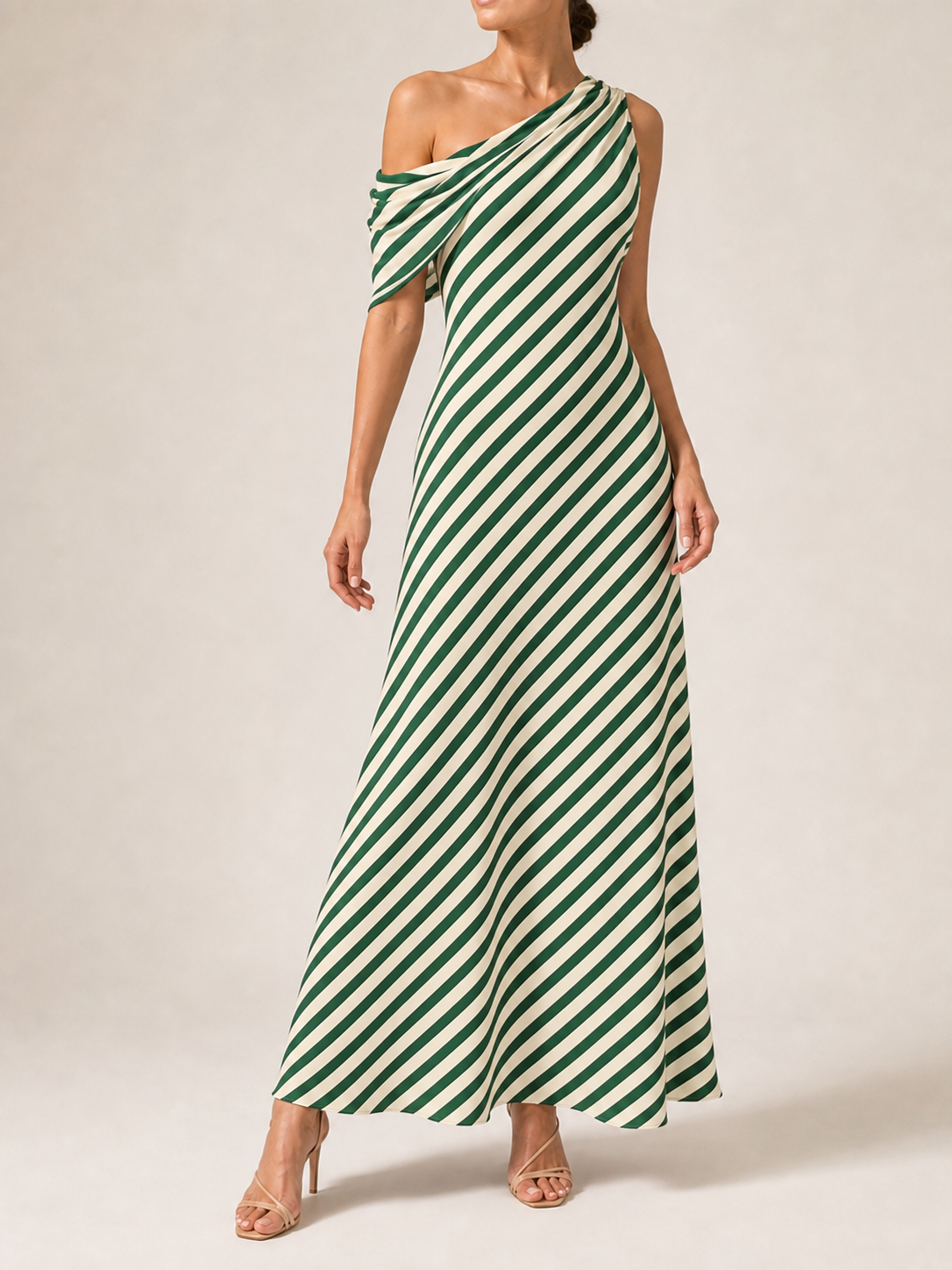 Women's emerald and ivory stripe one-shoulder maxi dress