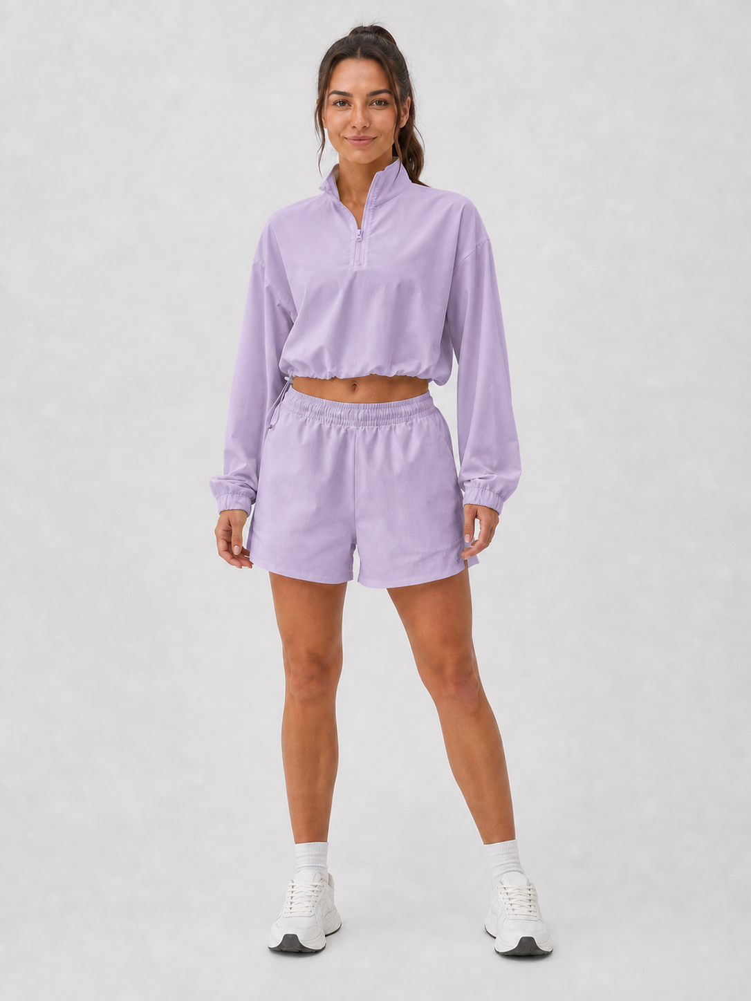 Women's lavender half-zip pullover and shorts set