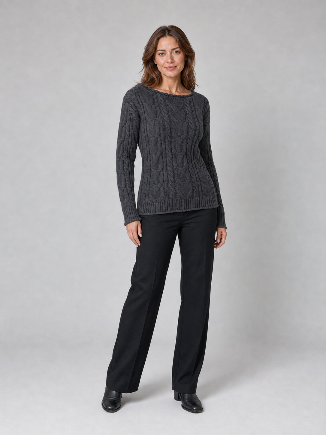 Women's cable knit sweater in charcoal gray