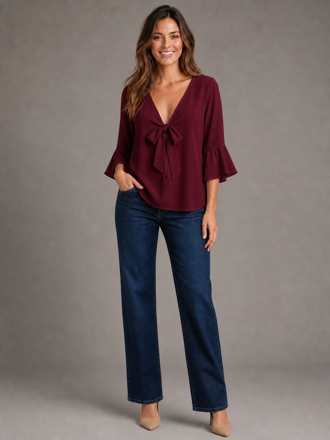 Women's deep burgundy tie-front blouse