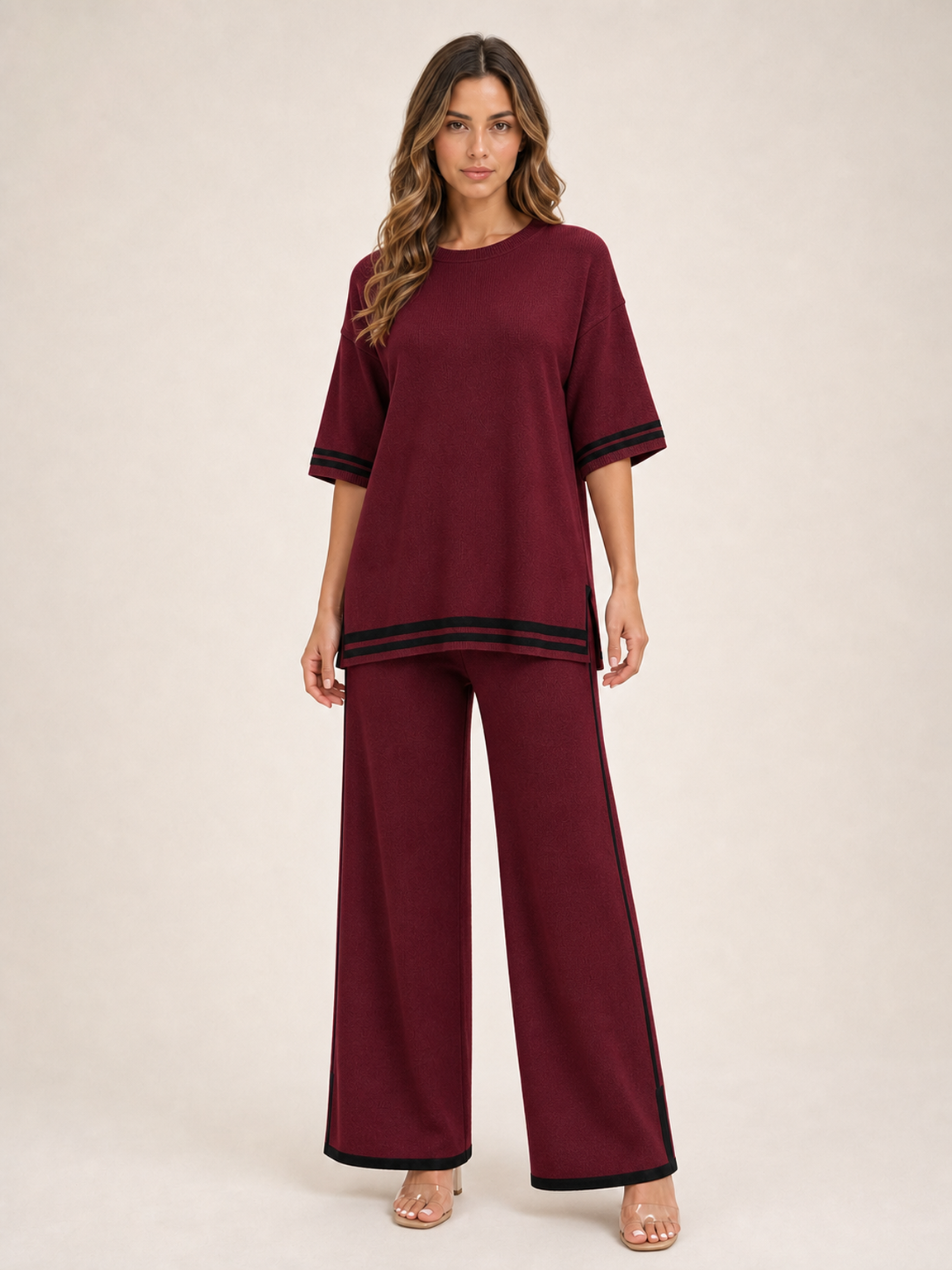 Women's wine red contrast trim knit pants set