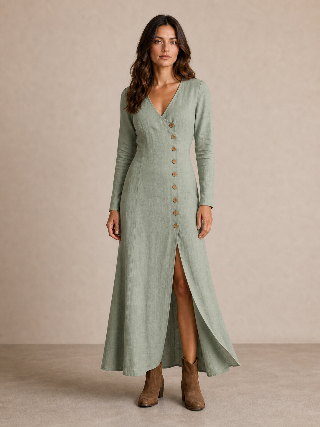 Women's sage green V-neck button slit maxi dress