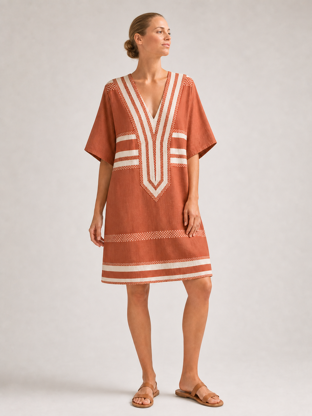 Women's terracotta and cream geometric kaftan mini dress
