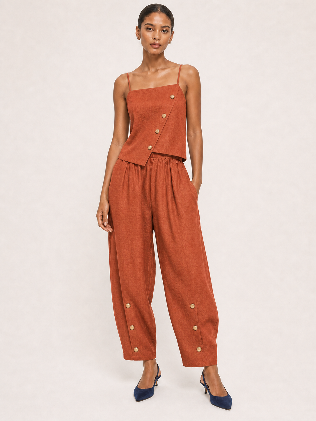 Women's terracotta asymmetric button two-piece set