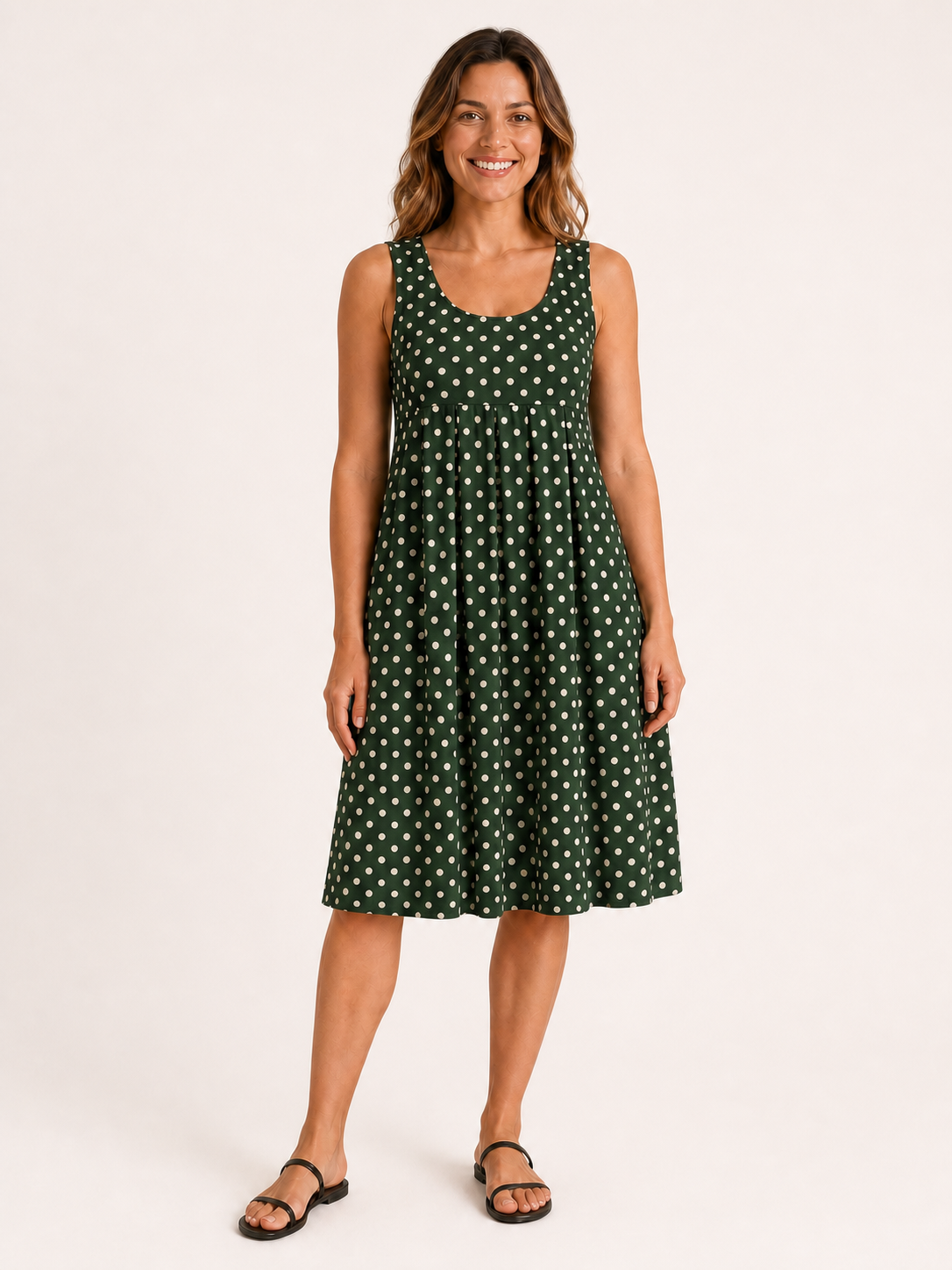 Women's forest green and cream polka dot empire-waist dress