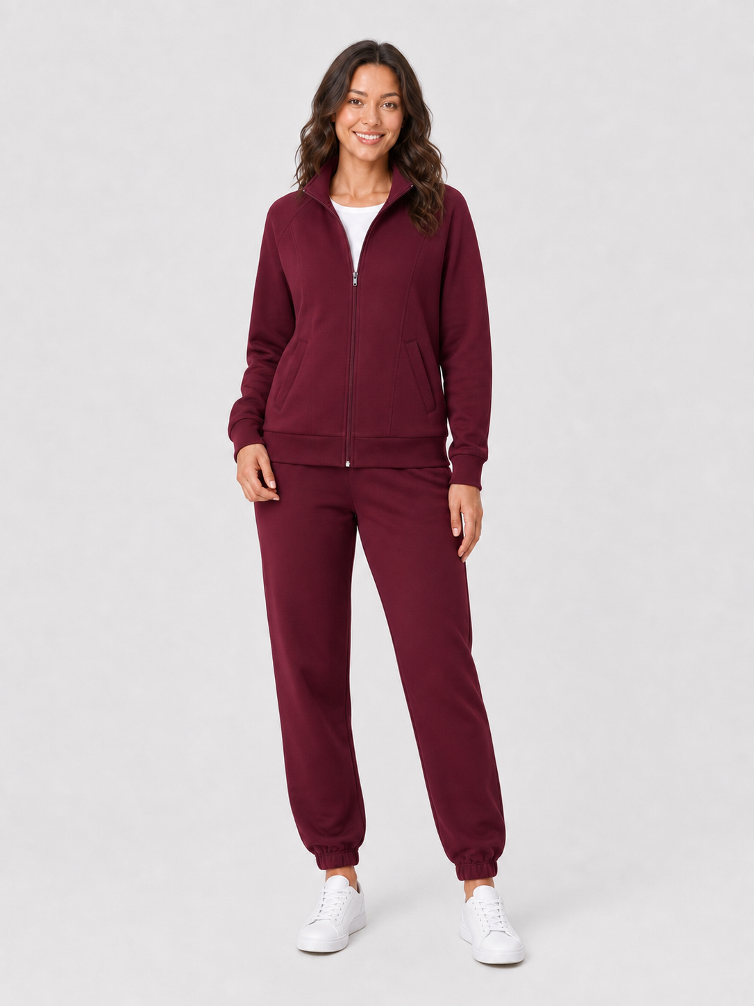 Women's jacket and jogger set in burgundy