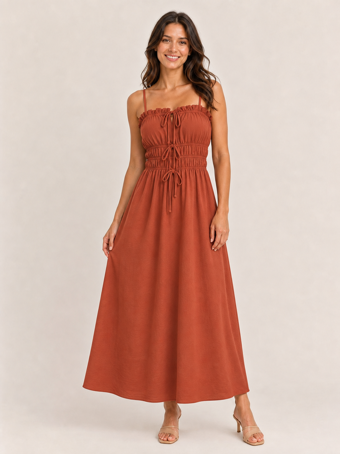 Women's terracotta ruched drawstring maxi dress