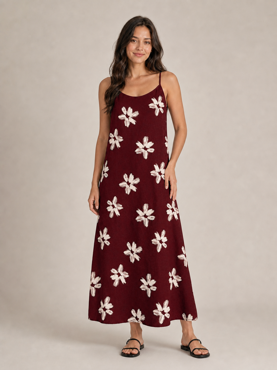 Women's burgundy ivory floral maxi dress