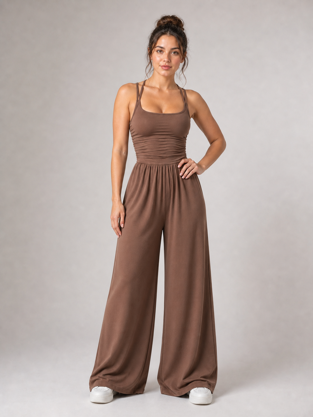 Women's mocha brown scoop-neck wide-leg jumpsuit