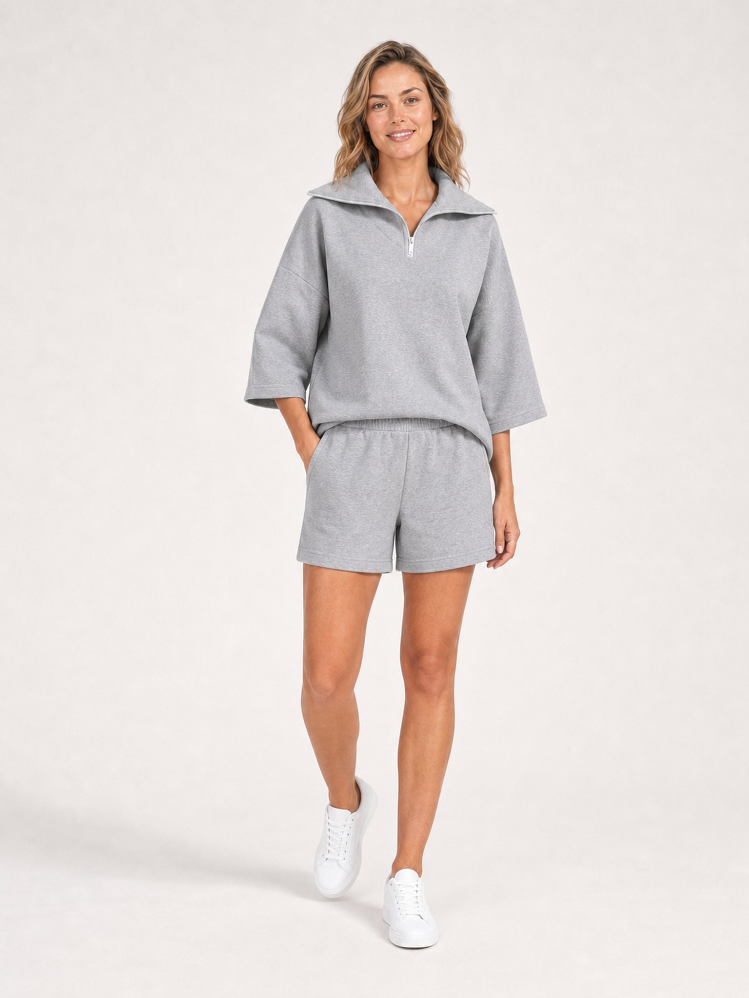 Women's heather grey half-zip wide-sleeve shorts set