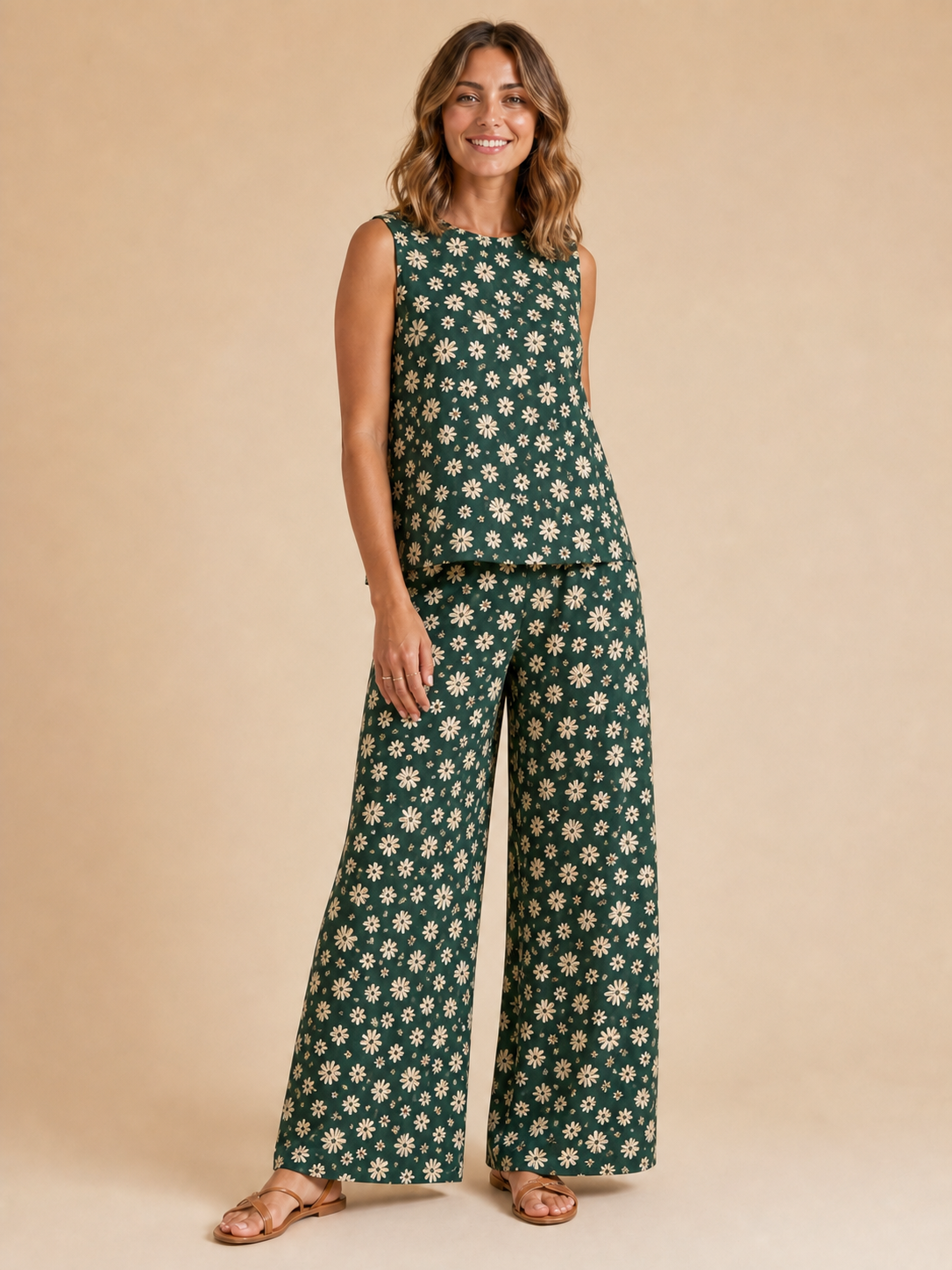 Women's forest green daisy wide-leg set