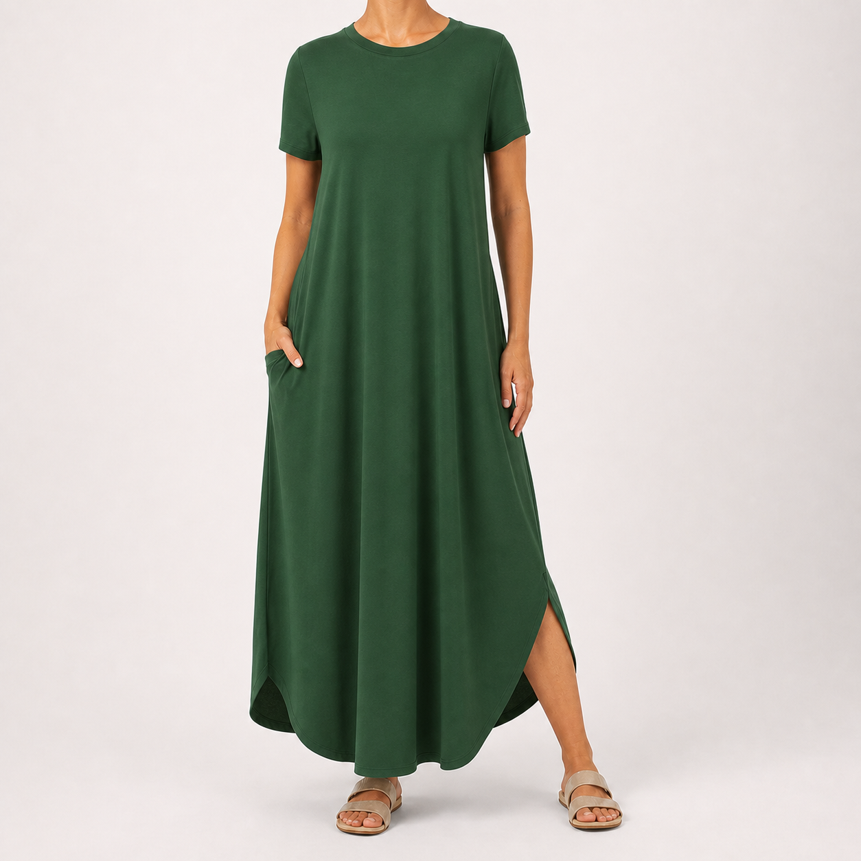 Forest green women's relaxed pocket maxi dress