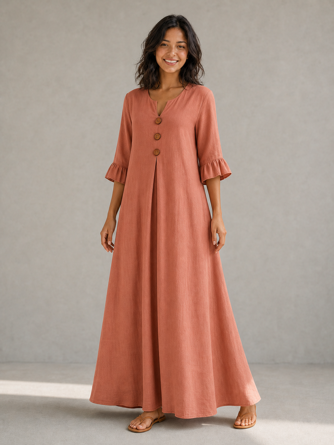 Women's wood-button maxi dress in terracotta