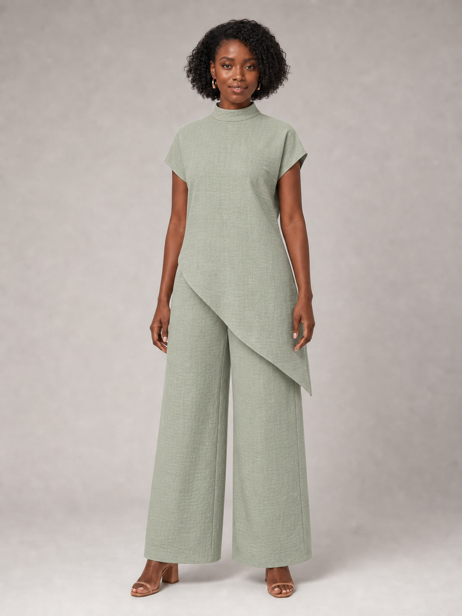 Women's sage green asymmetric tunic wide-leg pants set