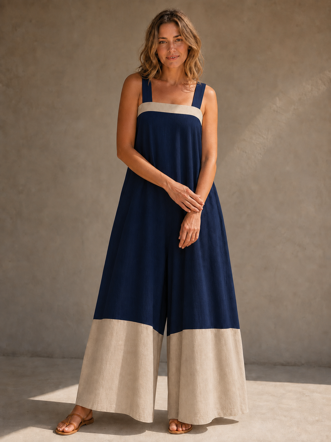 Women's navy and sand wide-leg jumpsuit