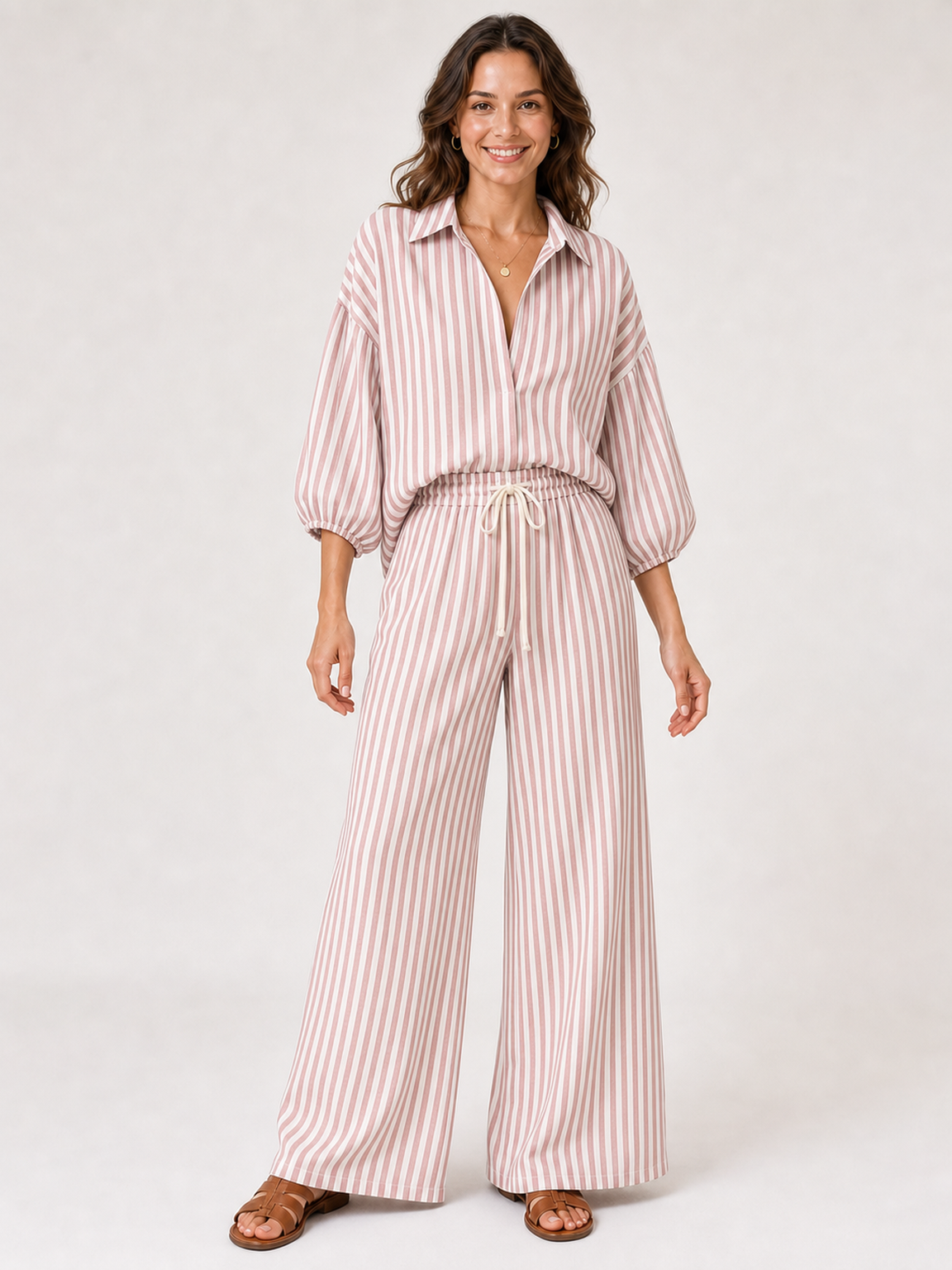 Women's dusty rose and white striped pants set