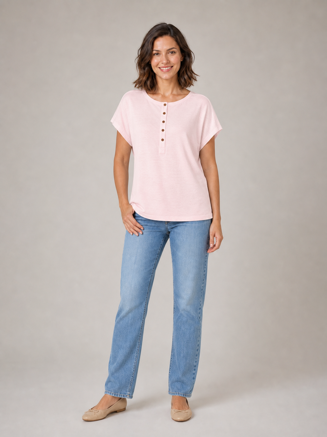 Women's blush pink button Henley dolman top