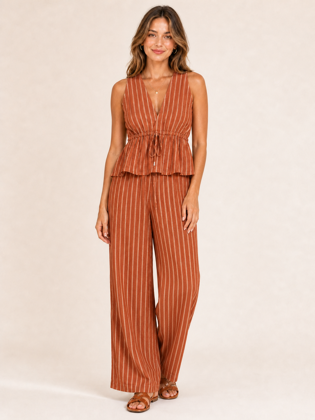 Women's terracotta pinstripe drawstring wide leg pants set