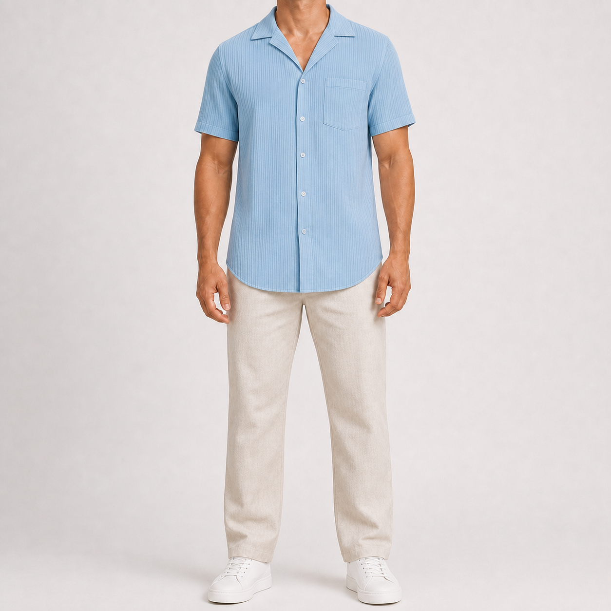 Sky blue men's pleated texture short-sleeve shirt