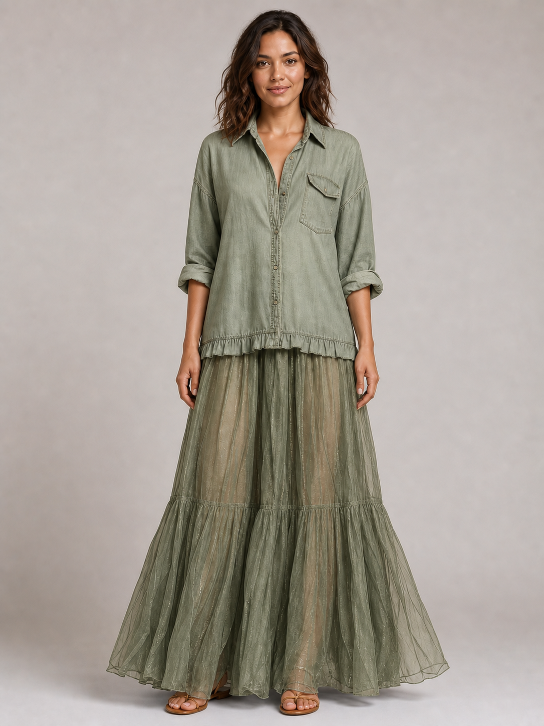 Women's sage and olive ruffle shirt maxi skirt set