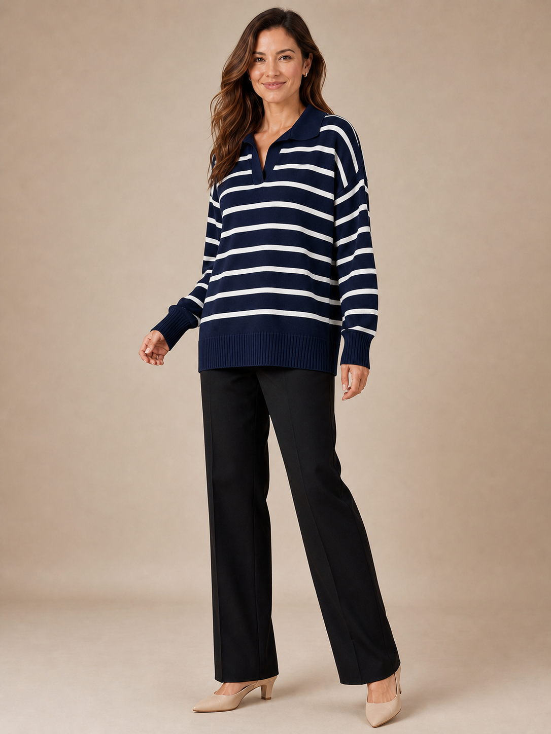 Women's navy and ivory striped knit top