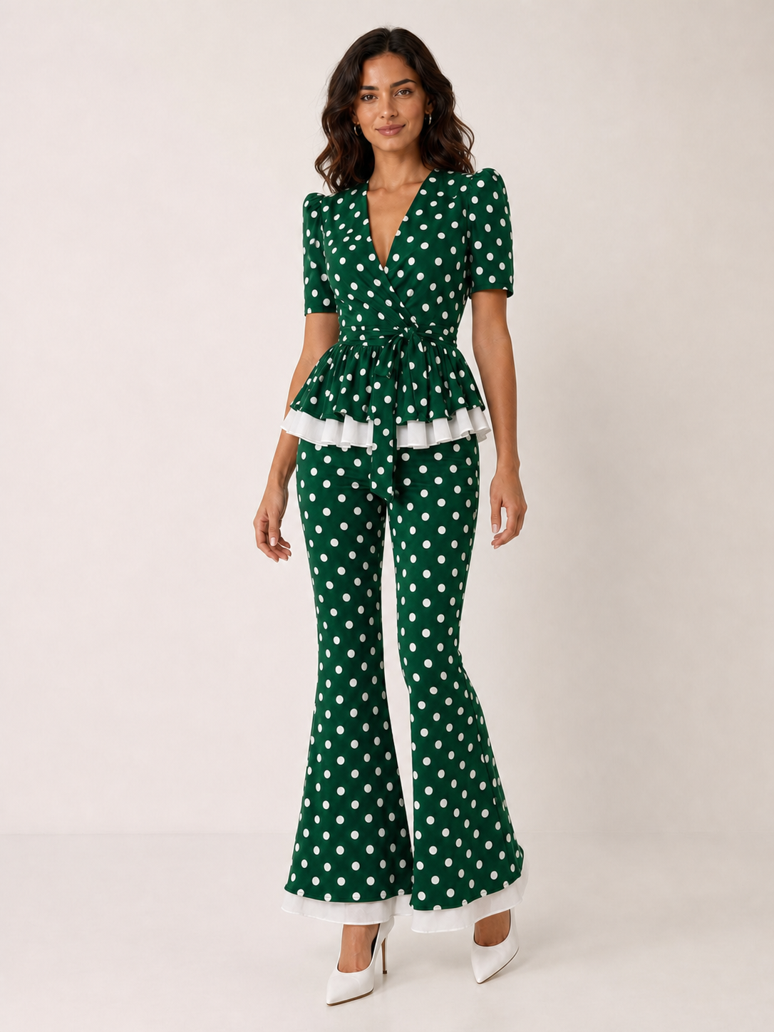 Women's emerald polka dot peplum and flare pants set