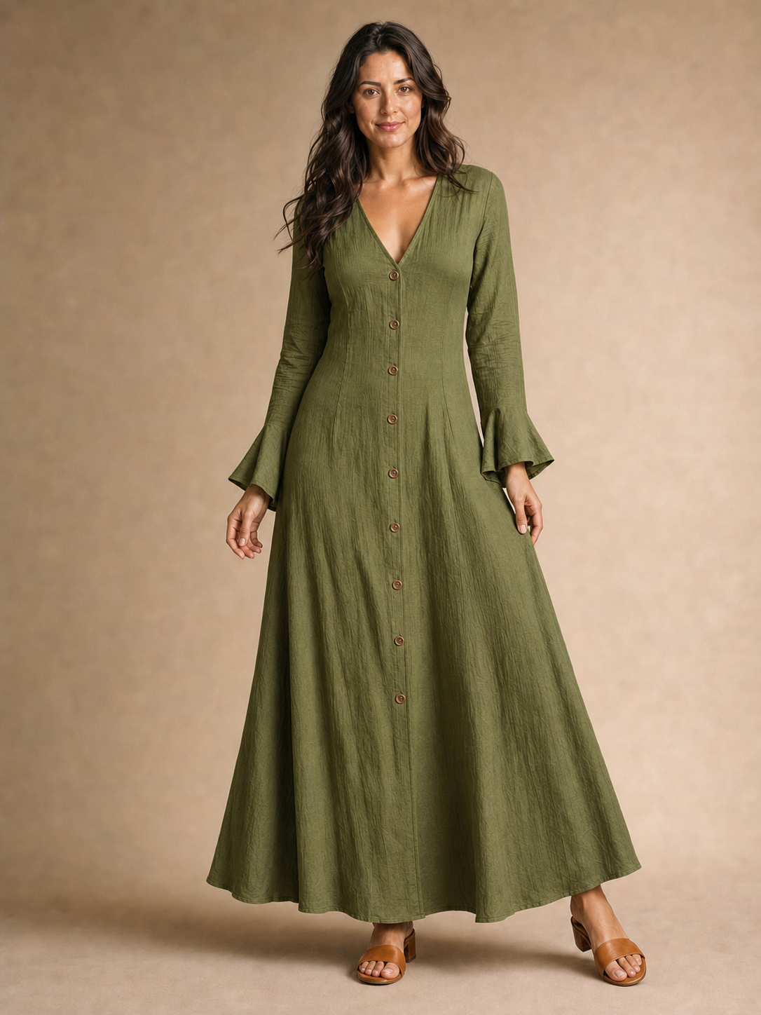Women's olive green V-neck bell-sleeve maxi dress
