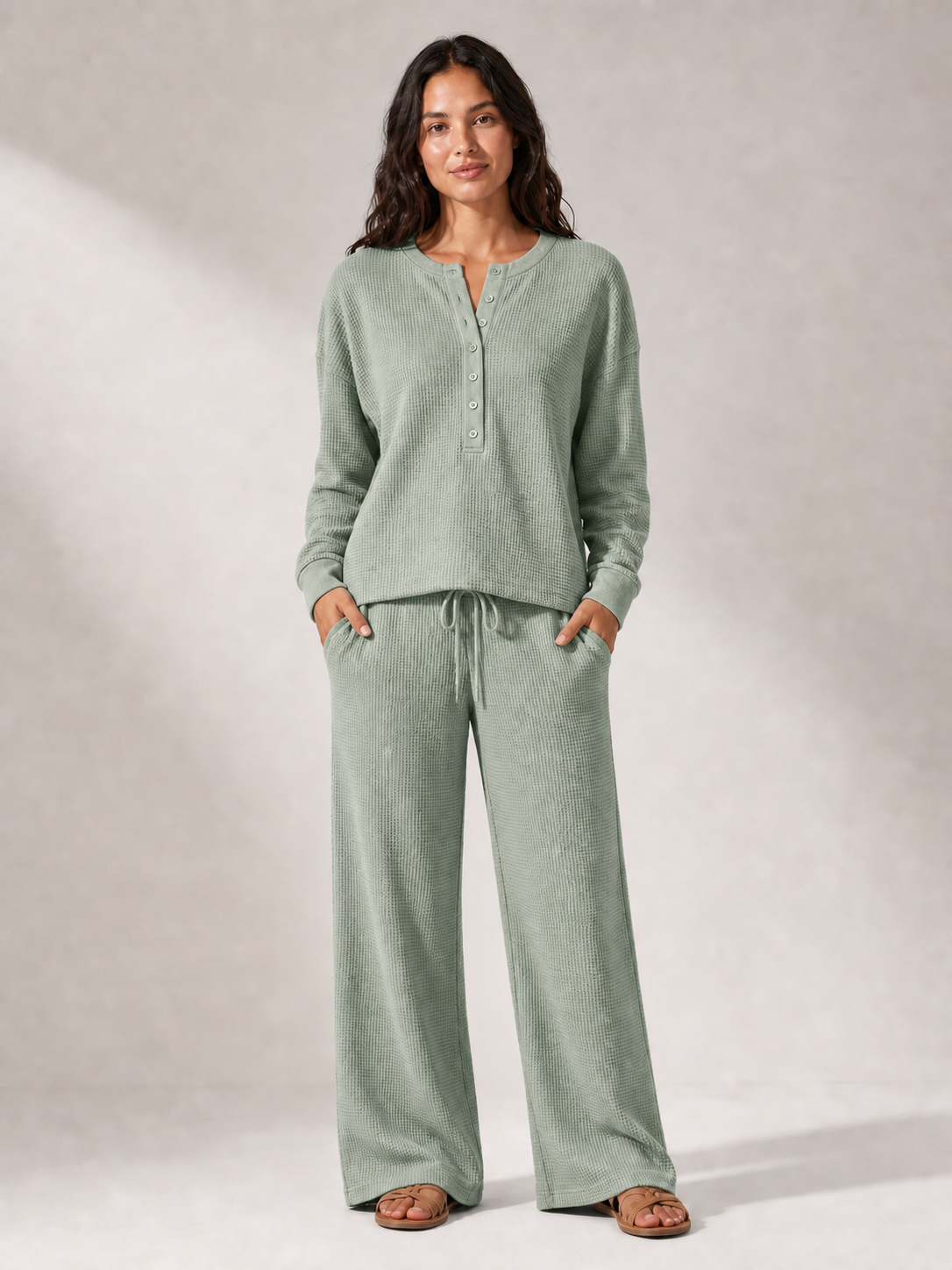 Women's waffle Henley wide-leg lounge set in sage green