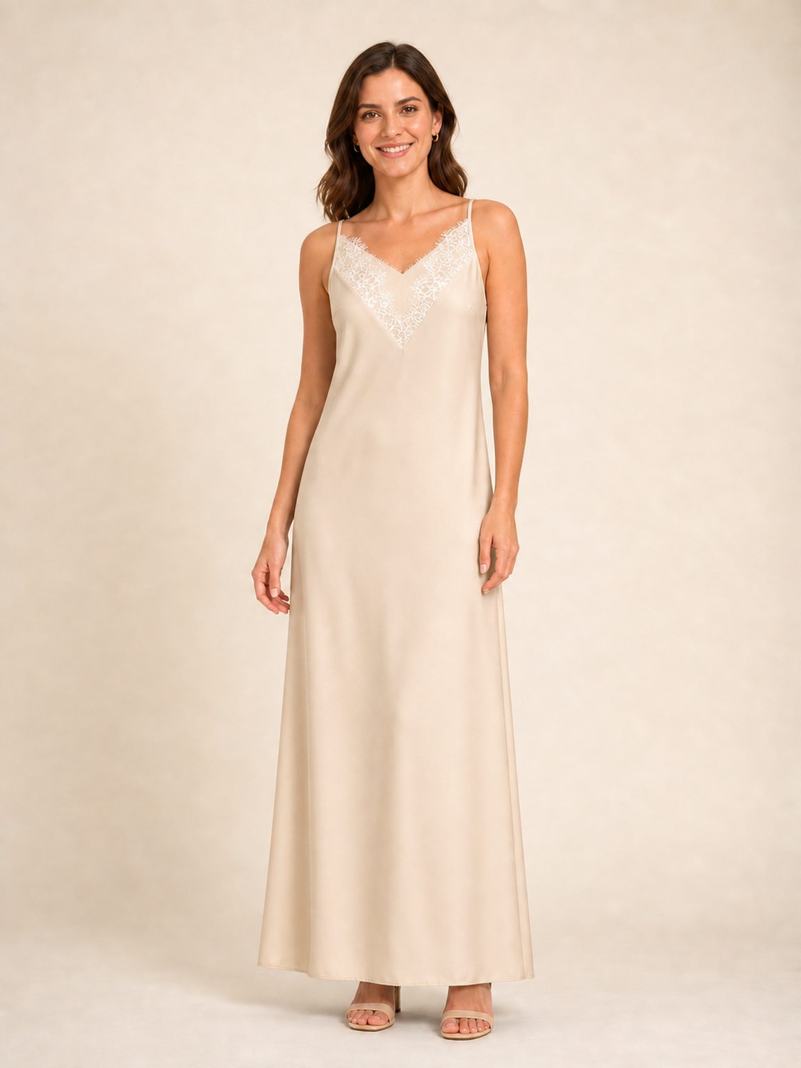 Women's champagne beige lace trim slip maxi dress