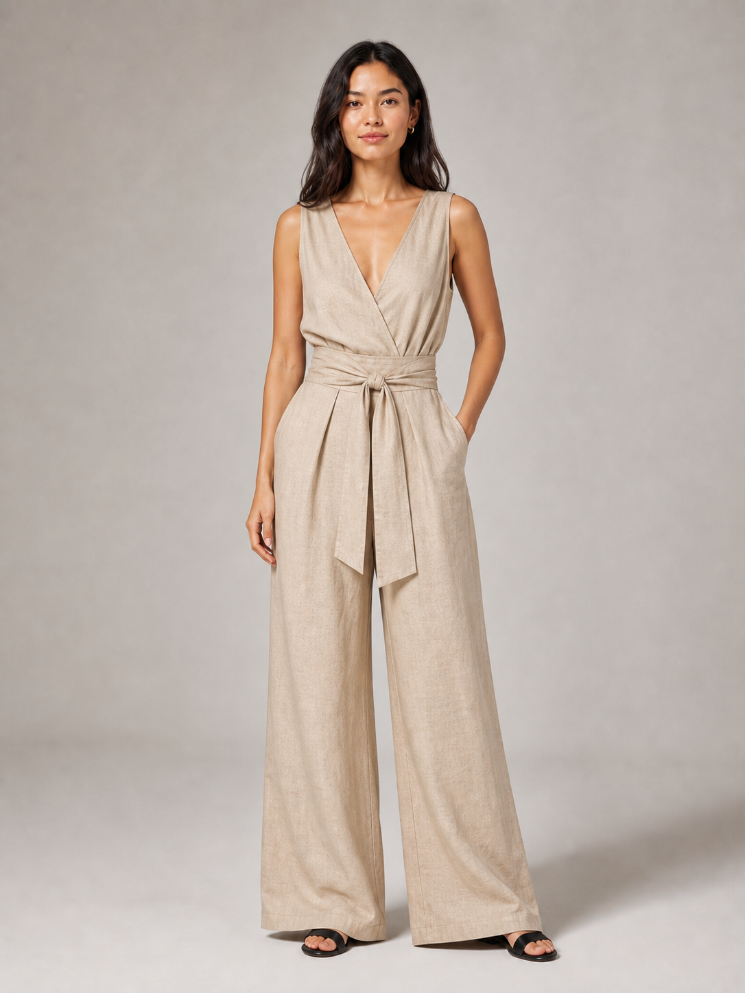 Women's warm sand wrap V-neck wide-leg jumpsuit