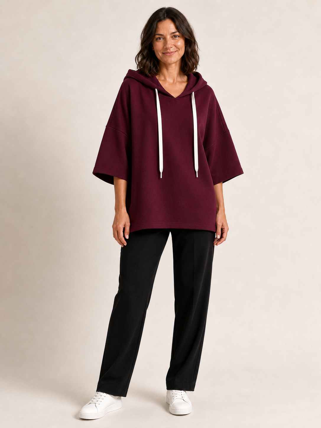 Women's burgundy oversized short-sleeve hoodie top