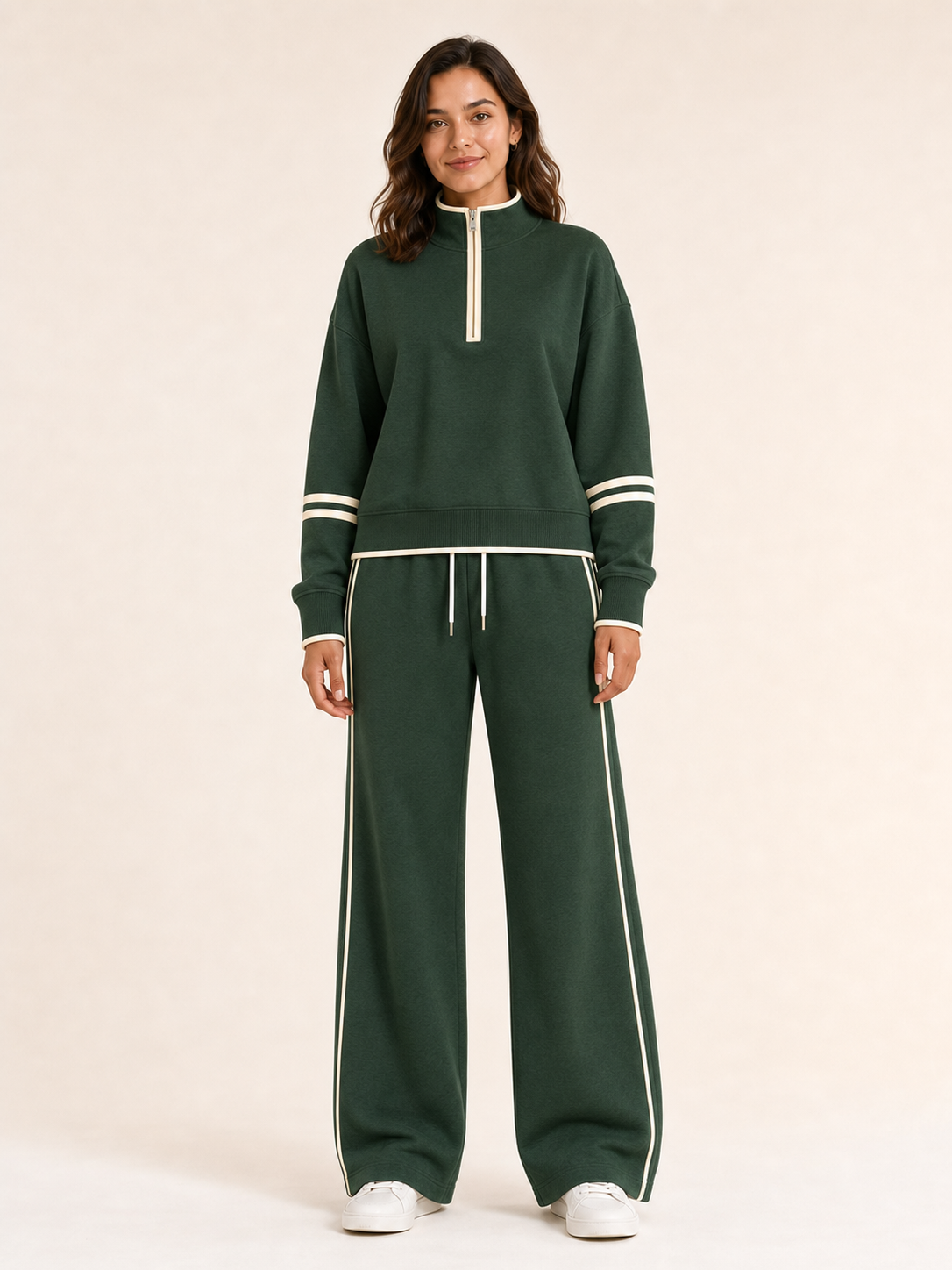 Women's half-zip wide-leg set in forest green and cream