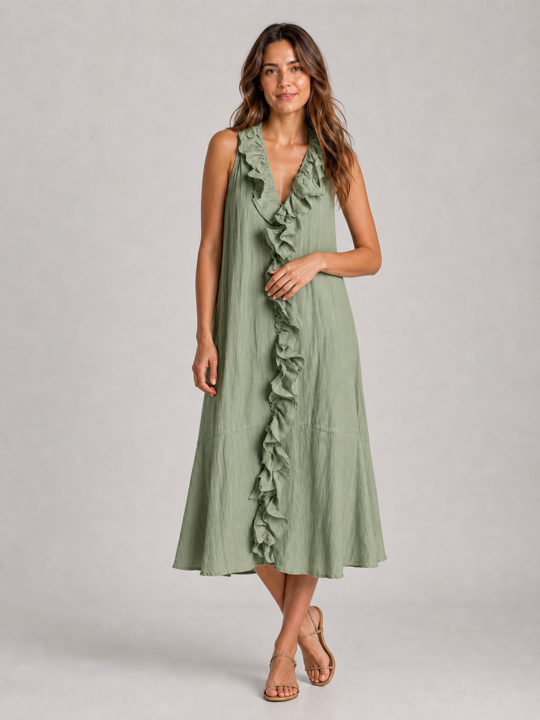 Women's sage green cascading ruffle loose midi dress