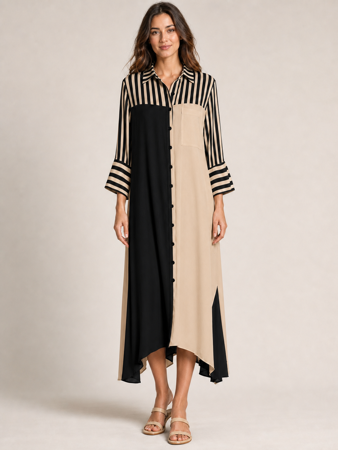 Black sand colorblock striped shirt dress